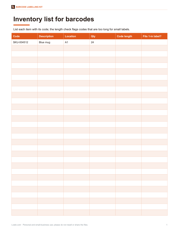 Preview of Printable Barcode 128 Inventory List