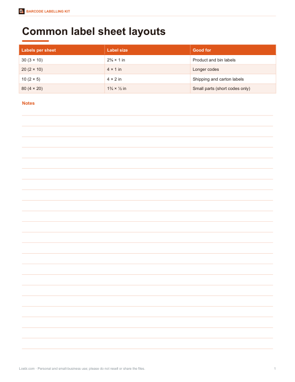 Preview of Printable Label Sizes Chart